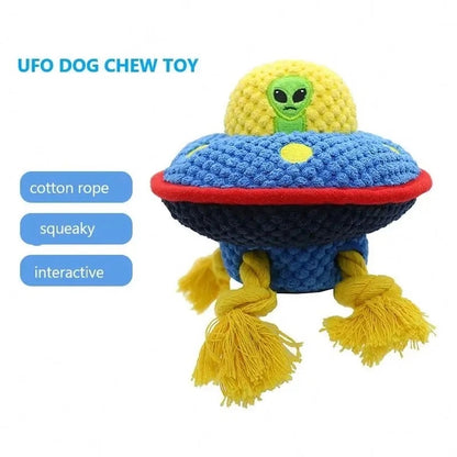 Zog the Extraterrestrial squeaky plush interactive dog toy. Cute and durable Luxury UFO.