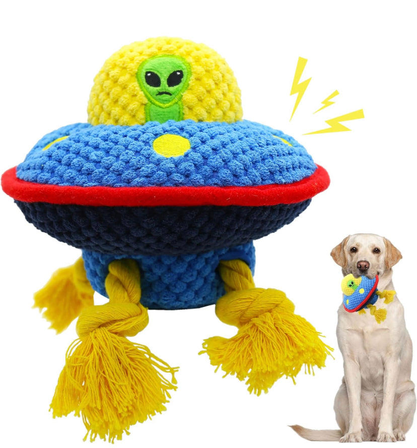 Zog the Extraterrestrial squeaky plush interactive dog toy. Cute and durable Luxury UFO.