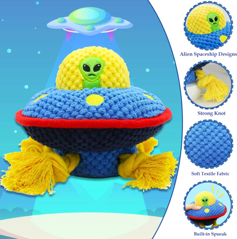 Zog the Extraterrestrial squeaky plush interactive dog toy. Cute and durable Luxury UFO.